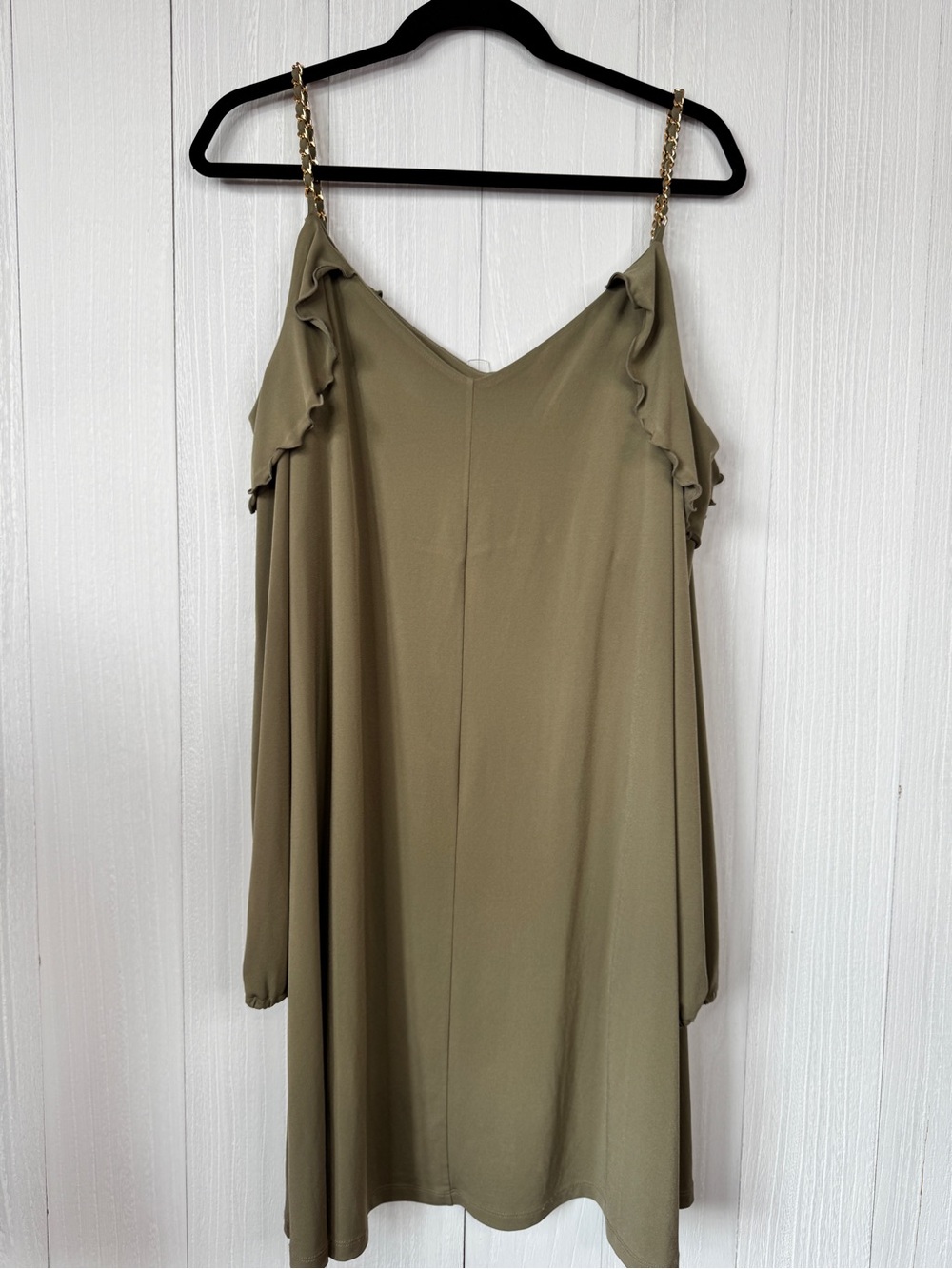 MICHAEL Michael Kors Olive Cold-Shoulder Slip Dress with Gold Chain Straps - XL